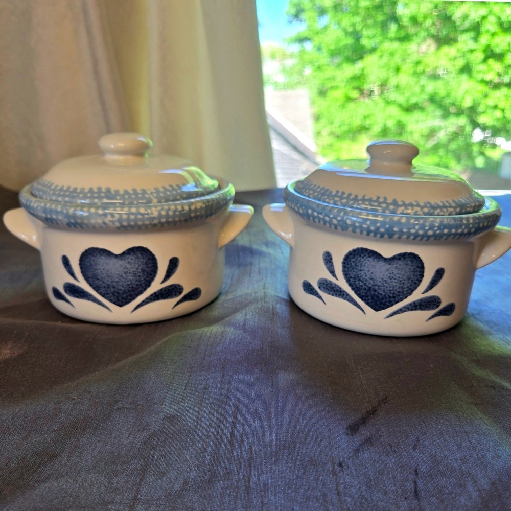 Stoneware Mini Crocks w/ Lids Blue Heart Spongeware Bean Soup Pots Set of  2